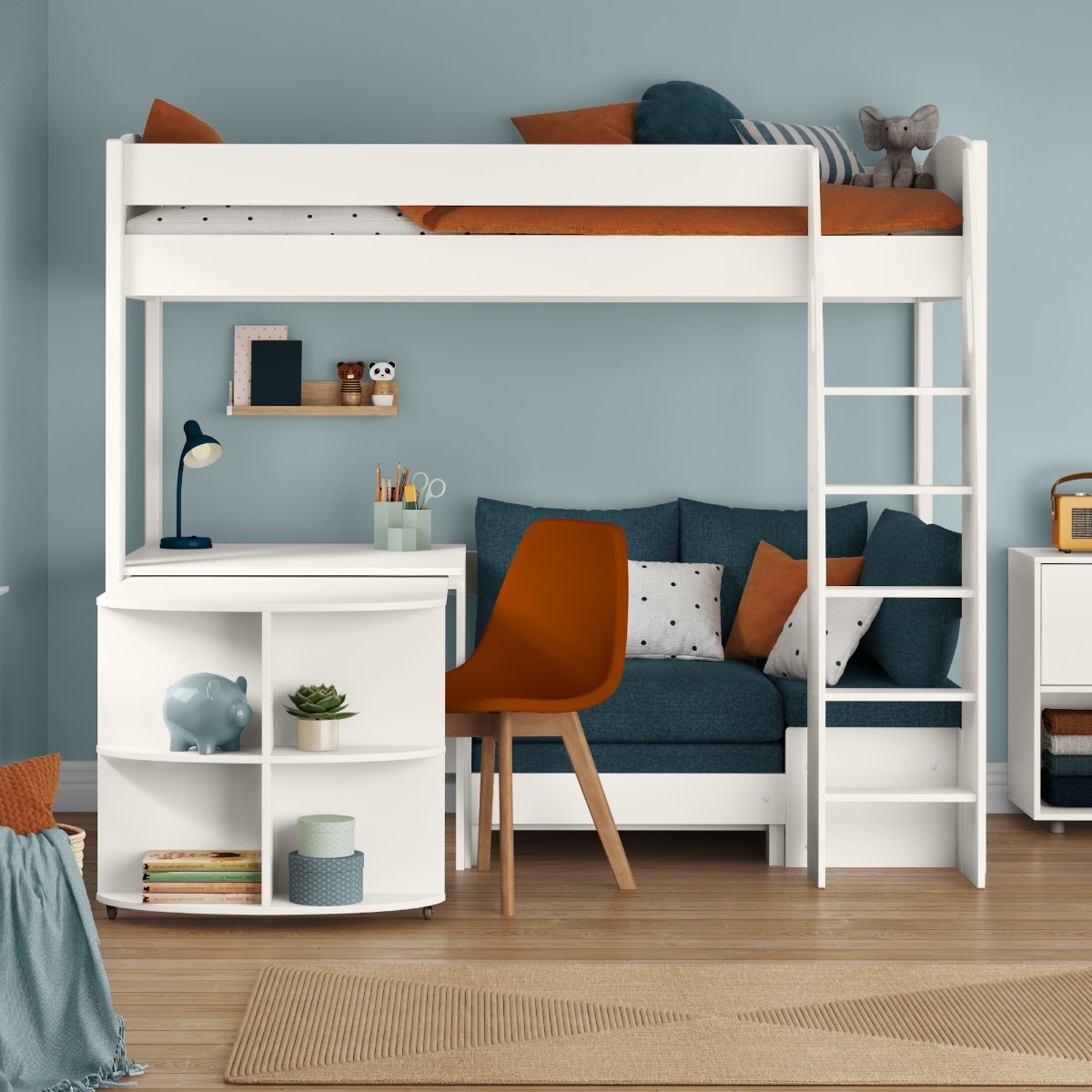 Zoomed Front View of Uno S White High Sleeper with Fixed Desk, Pull Out Desk and Sky Blue Sofa Bed