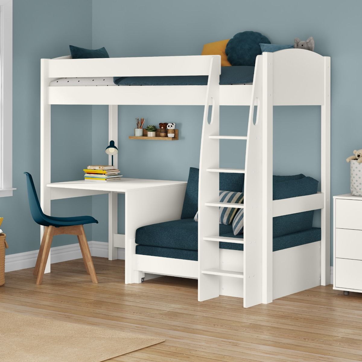 Zoomed Angled View of Uno S White High Sleeper with Fixed Desk and Sky Blue Sofa Bed