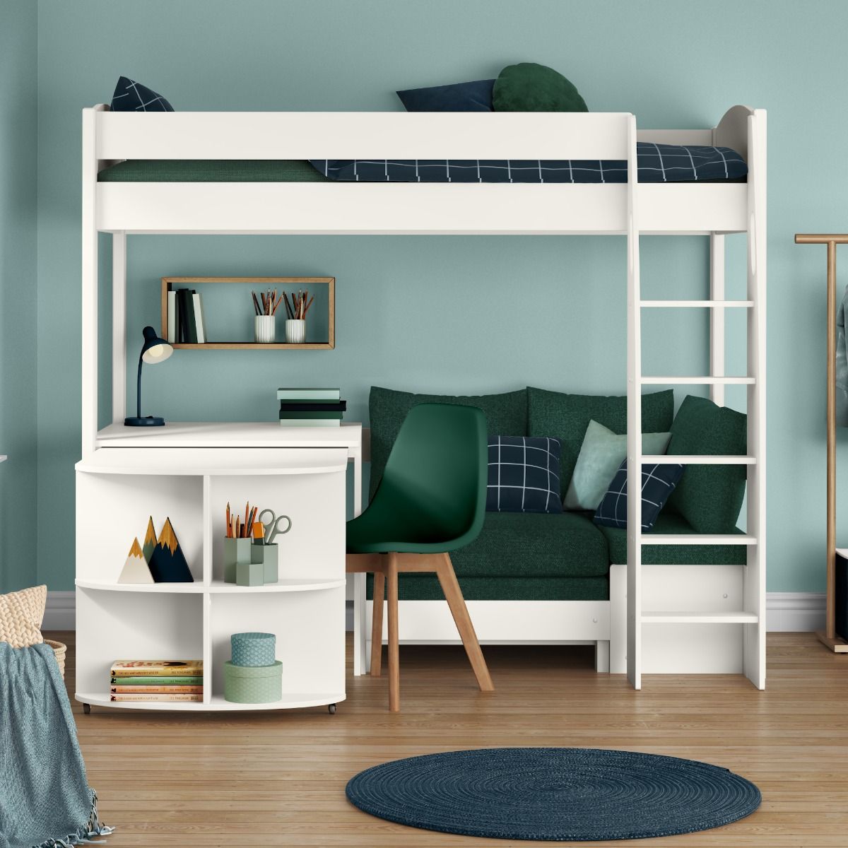 Zoomed Front View of Uno S White High Sleeper with Fixed Desk, Pull Out Desk and Teal Green Sofa Bed
