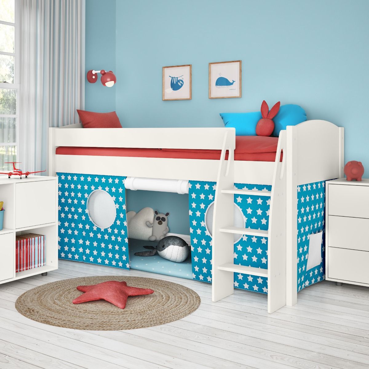 Zoomed Angled View of Uno S White Mid Sleeper with Aqua and White Stars Tent