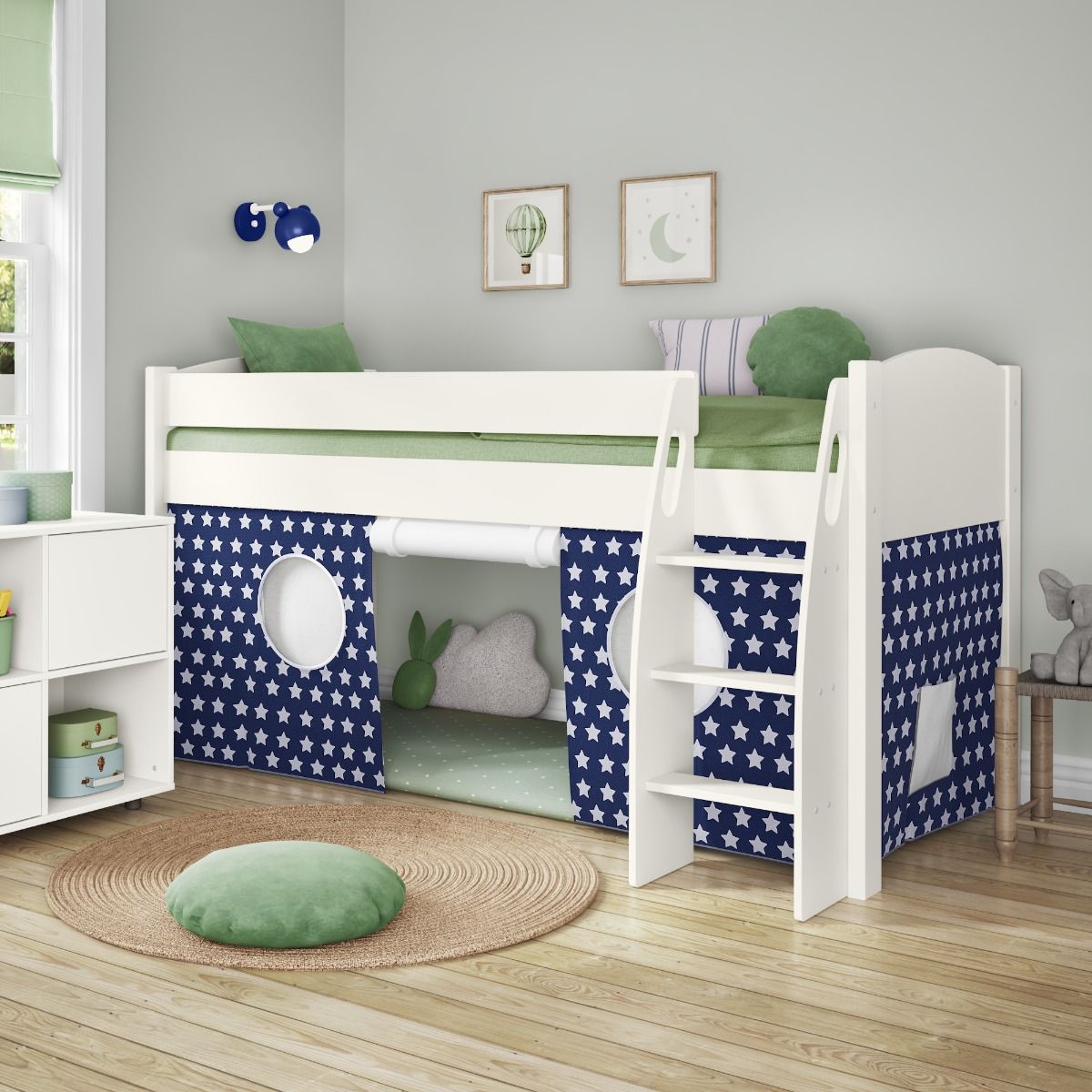 Zoomed Front View of Uno S White Mid Sleeper with Blue and White Stars Tent