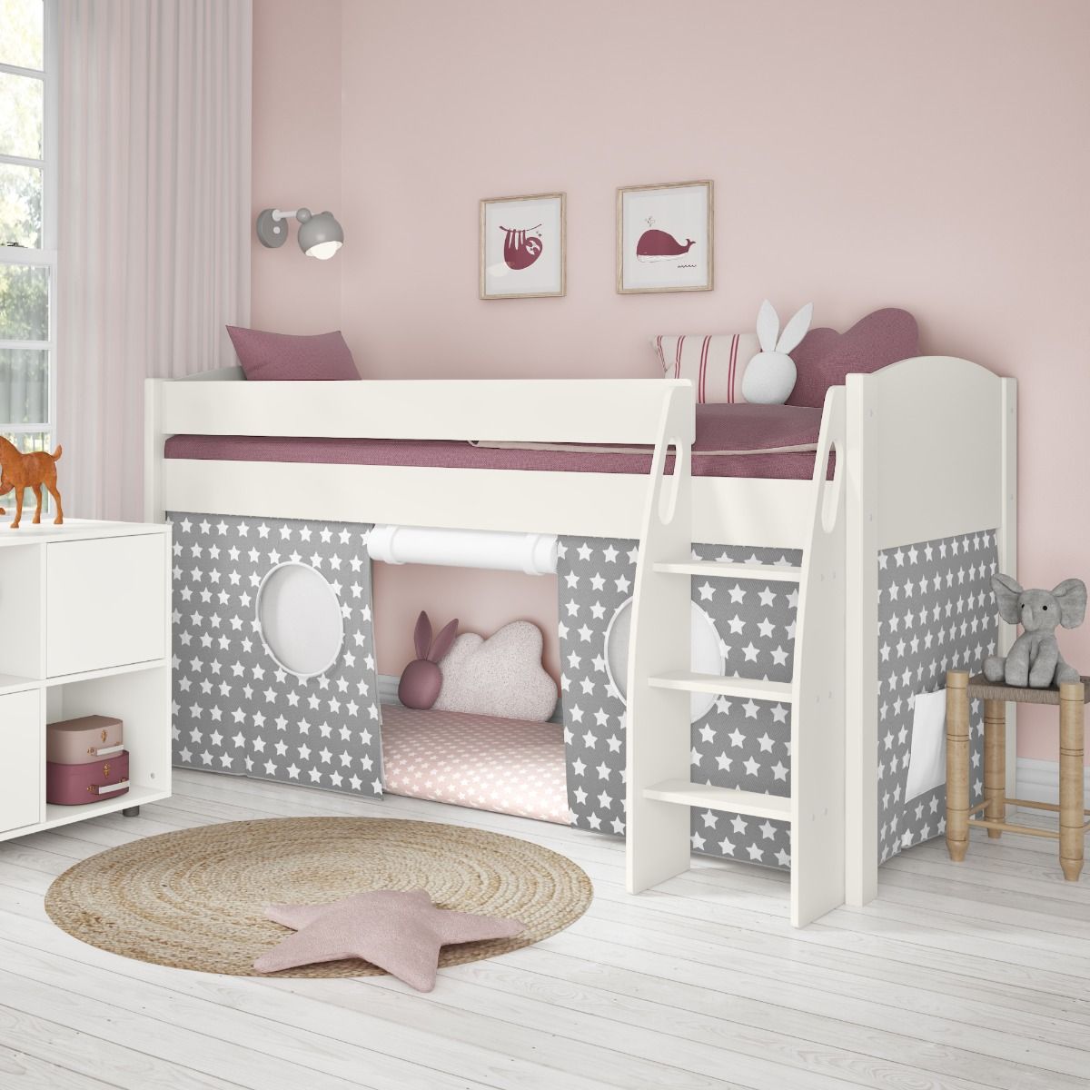 Childrens Uno S Mid Sleeper Bed Including Tent with Light Grey Stars Lifestyle Angled Zoomed