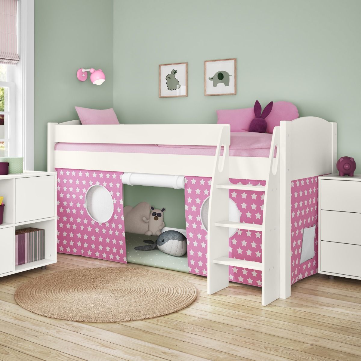 Zoomed Angled View of Uno S White Mid Sleeper with Pink and White Stars Tent