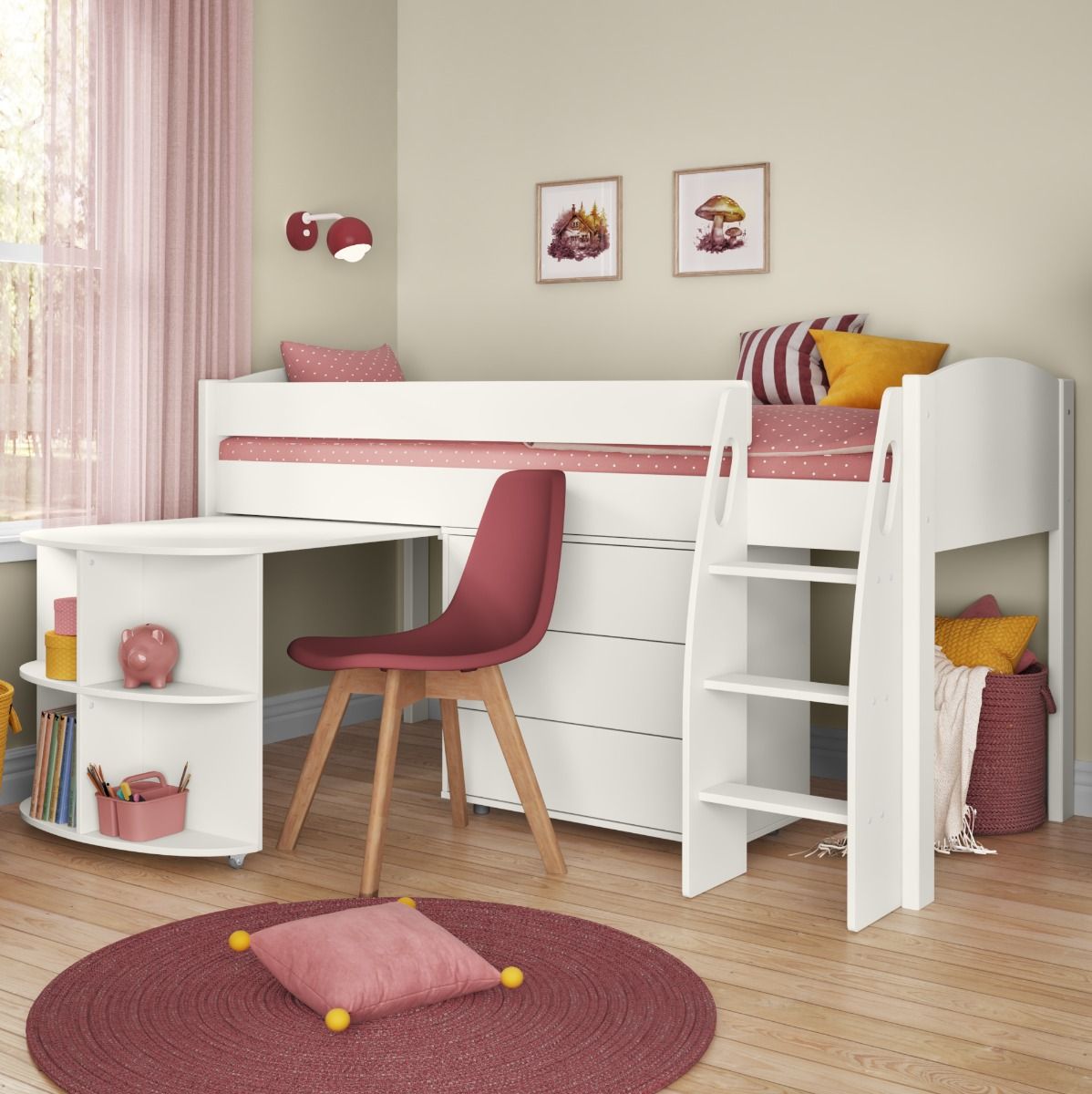 Zoomed Angled View of Uno S White Mid Sleeper with Pull Out Desk and 3 Drawer Chest
