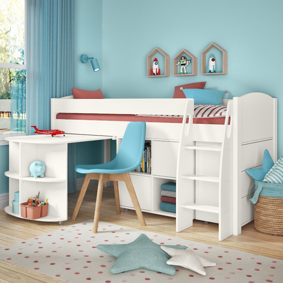 Zoomed Angled View of Uno S White Mid Sleeper with Pull Out Desk, 3 Drawer Chest and Cube Unit