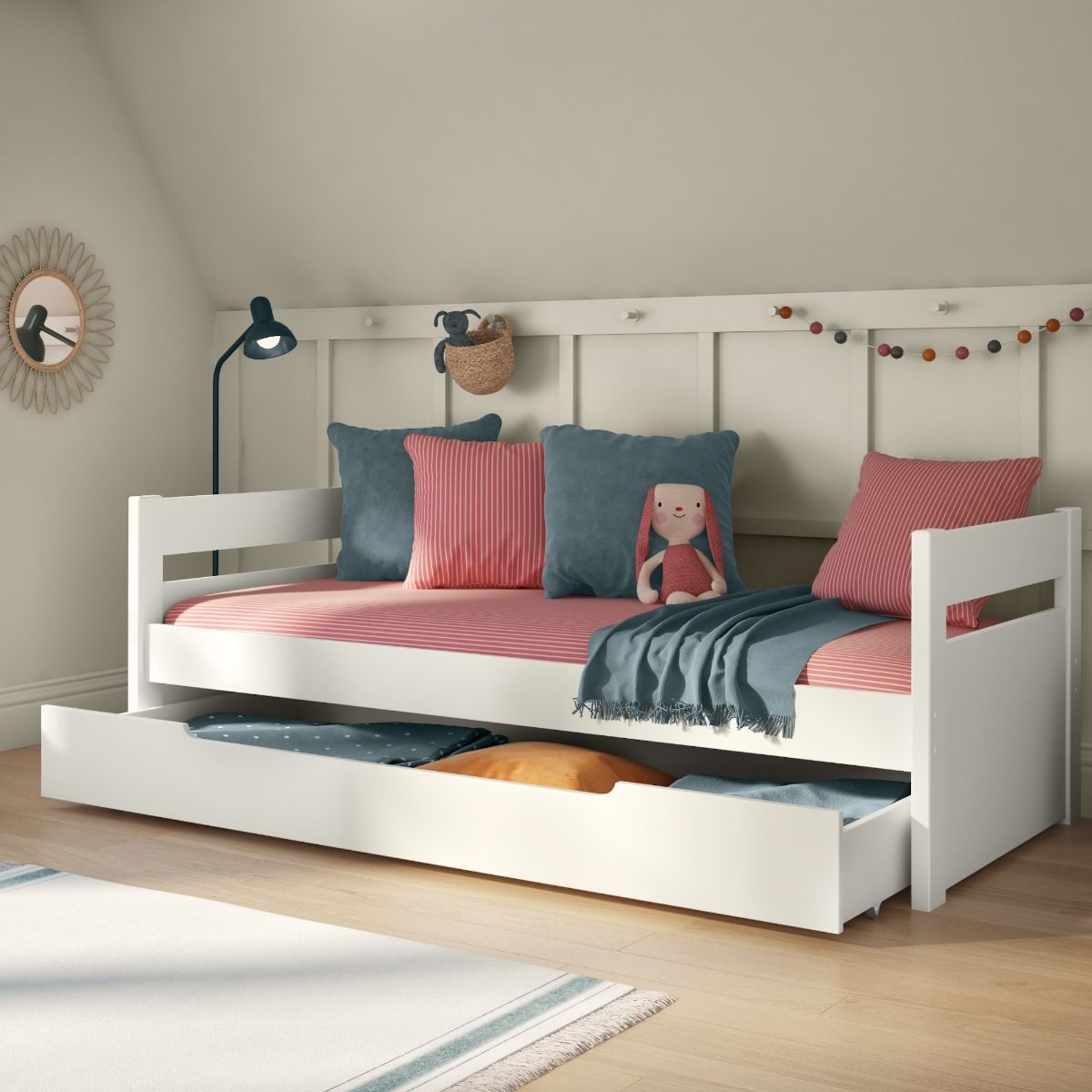 Zoomed Angled View of Uno White Cabin Bed with Trundle