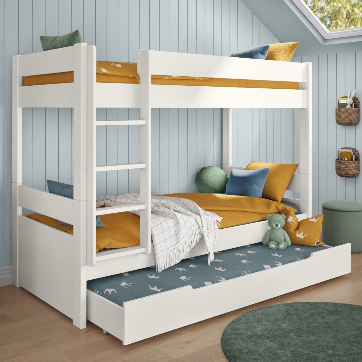 Zoomed Angled View of Uno White Detachable Bunk Bed with Trundle Drawer and Trundle Mattress