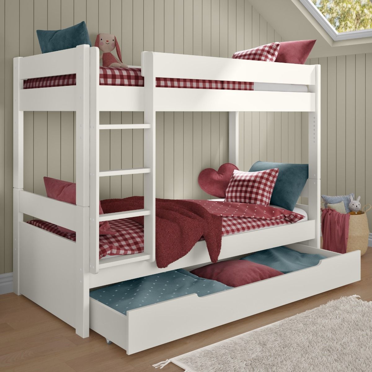 Zoomed Angled View of Uno White Detachable Bunk Bed with Trundle Drawer