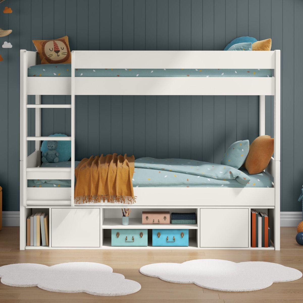 Zoomed Front View of Uno White Detachable Storage Bunk Bed