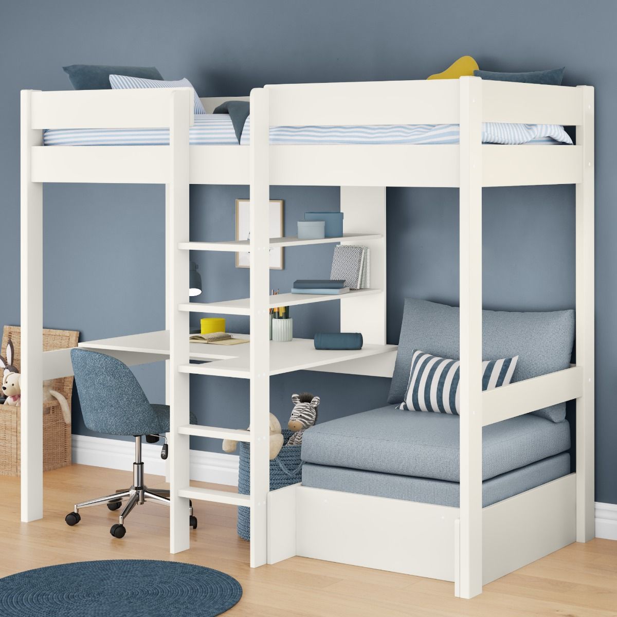 Zoomed Angled View of Uno White High Sleeper with Integrated Desk and Shelving and Grey Chair Bed