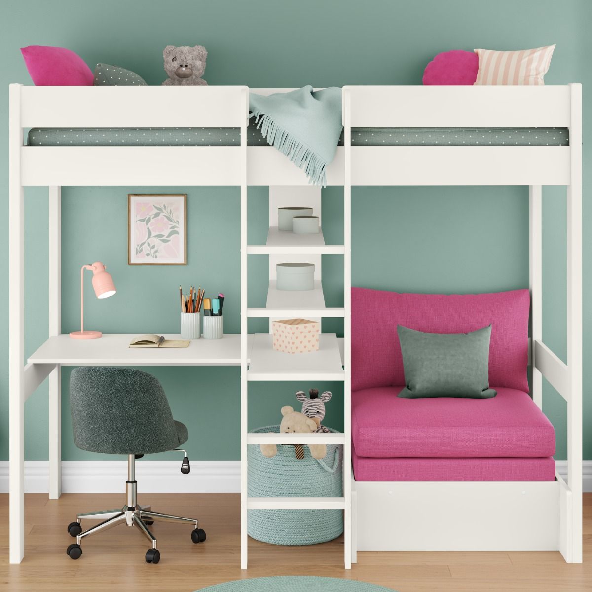 Zoomed Front View of Uno White High Sleeper with Integrated Desk and Shelving and Pink Chair Bed