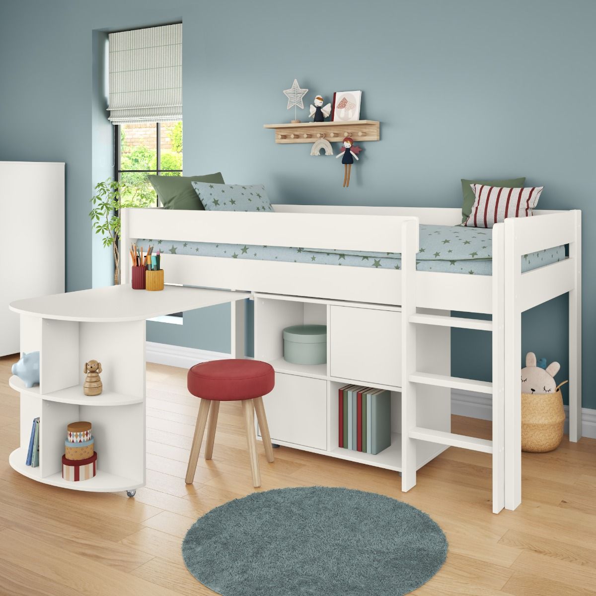 Zoomed Angled View of Uno White Mid Sleeper with Pull Out Desk and Cube Unit