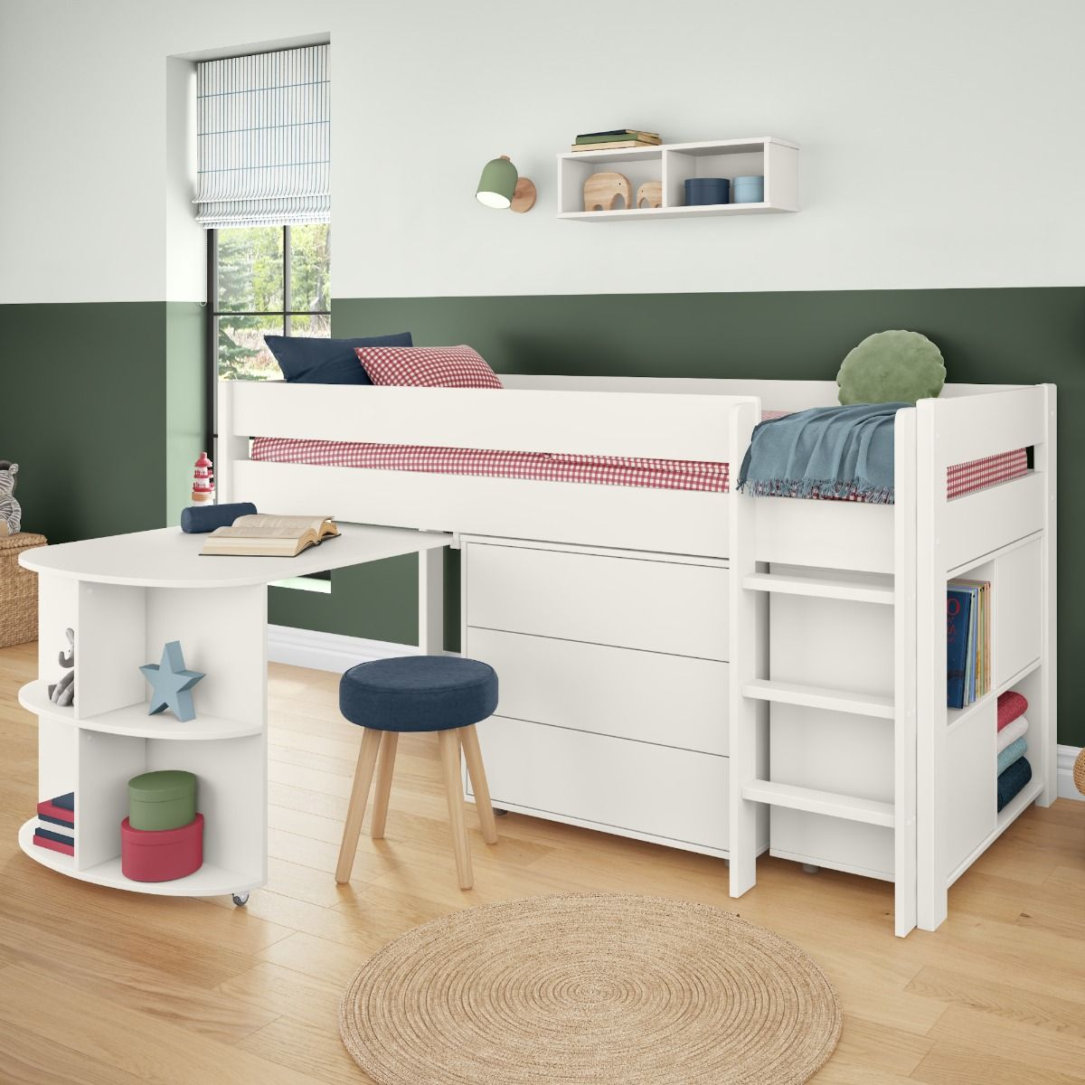 Zoomed Angled View of Uno White Mid Sleeper with Pull Out Desk, 3 Drawer Chest and Cube Unit