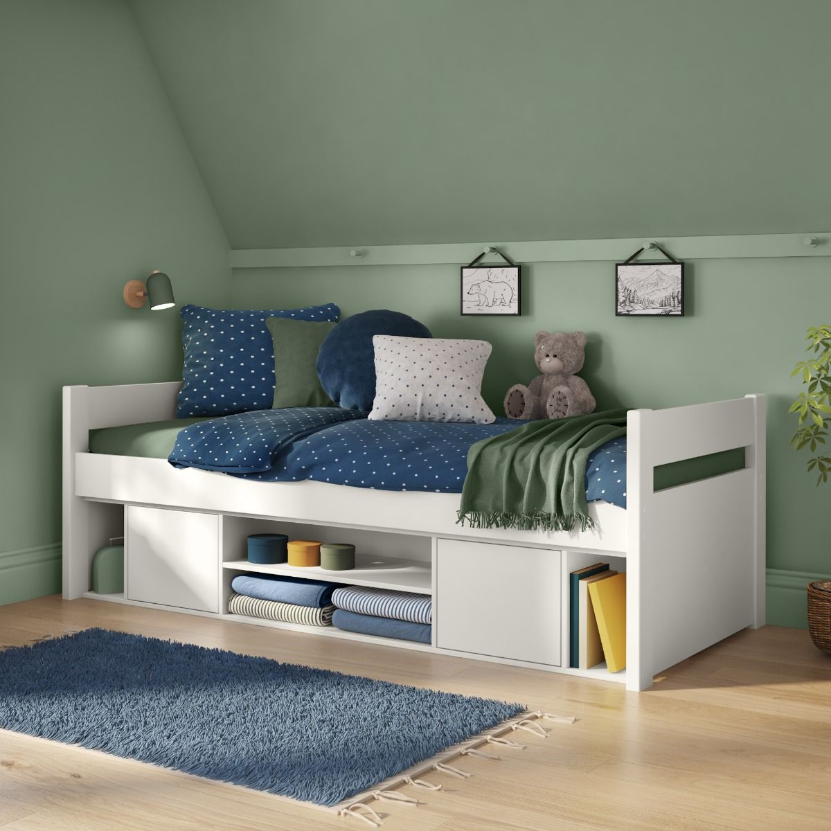 Zoomed Angled View of Uno White Storage Cabin Bed