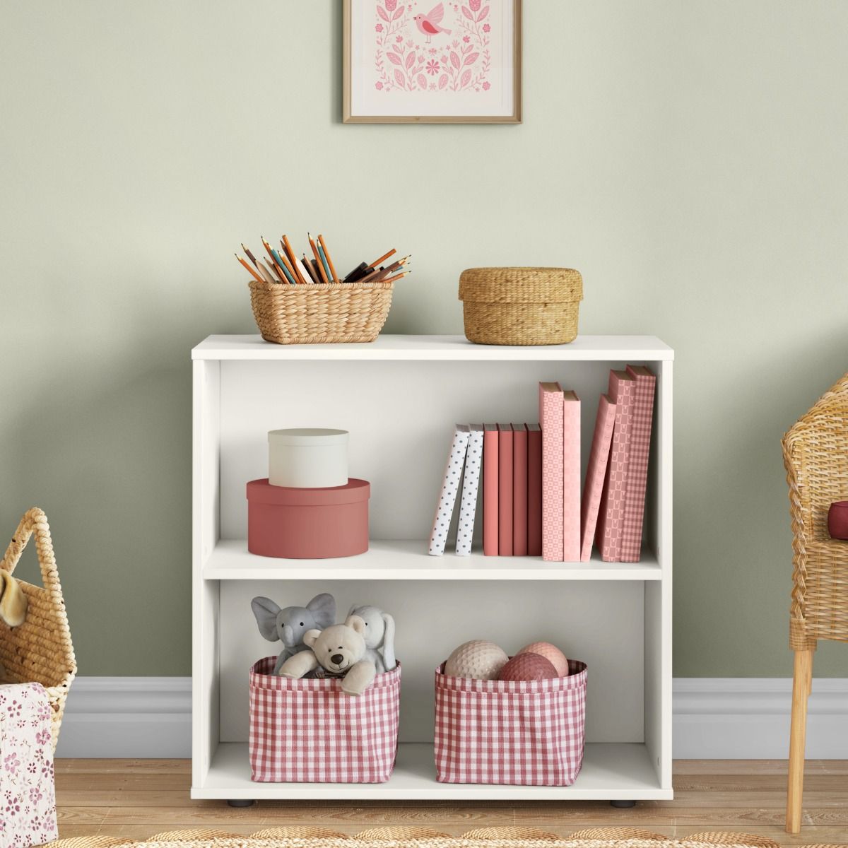 Front View of White Low Bookcase Zoomed
