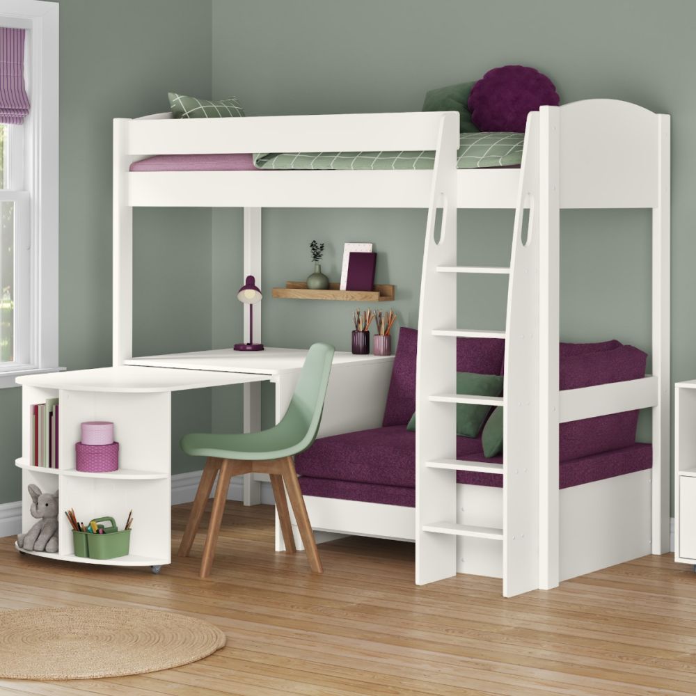 Uno S 22 High Sleeper with Purple Heather Sofa Bed, Desk & Pull Out