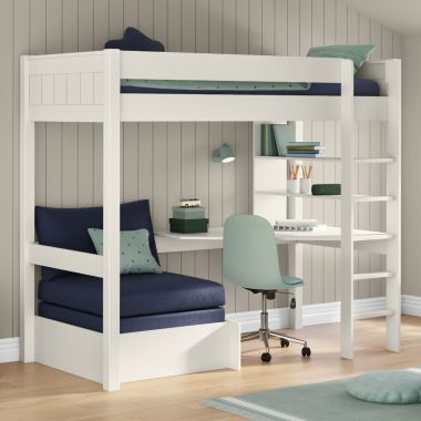 Zoomed Angled View of Classic White High Sleeper with Integrated Desk and Shelving and Blue Chair Bed
