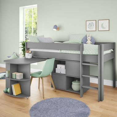 Zoomed Angled View of Uno Grey Mid Sleeper with Pull Out Desk and Cube Unit
