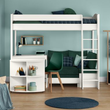 Zoomed Front View of Uno S White High Sleeper with Fixed Desk, Pull Out Desk and Teal Green Sofa Bed