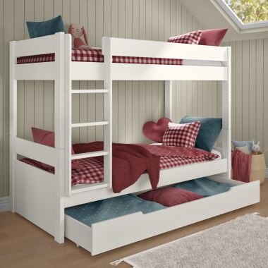 Zoomed Angled View of Uno White Detachable Bunk Bed with Trundle Drawer