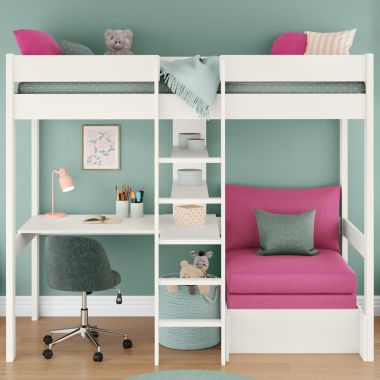 Zoomed Front View of Uno White High Sleeper with Integrated Desk and Shelving and Pink Chair Bed