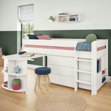 Zoomed Angled View of Uno White Mid Sleeper with Pull Out Desk, 3 Drawer Chest and Cube Unit