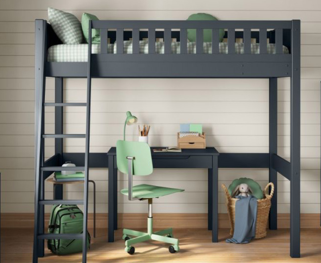 High sleeper bed with free standing desk under the bed