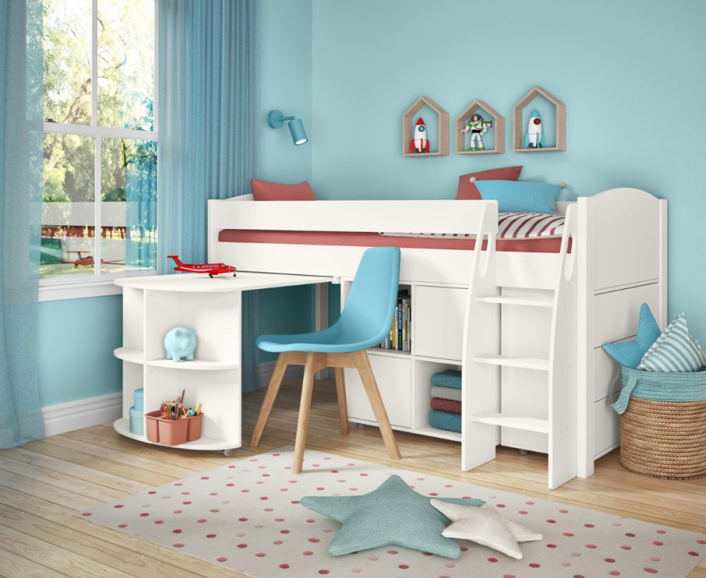 A Scandinavian style mid sleeper bed with pull out desk and storage function under the bed.