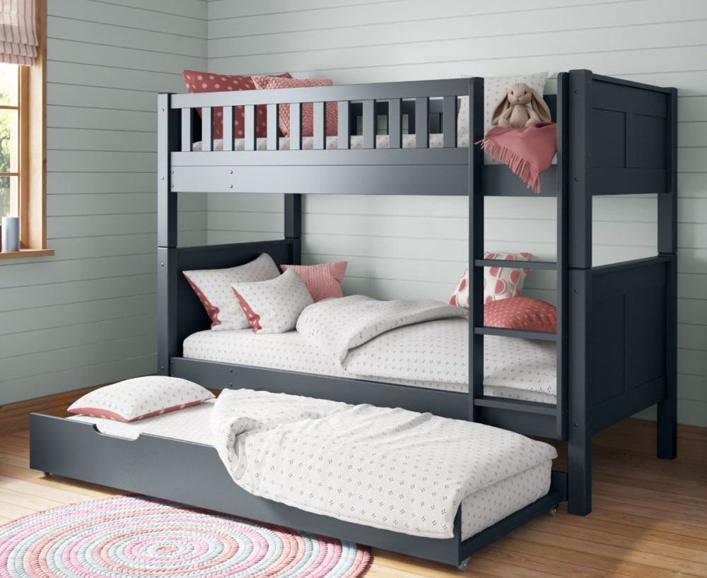 a Scandinavian inspired child's bedroom with a heritage blue detachable bunk bed incorporating a trundle bed with mattress