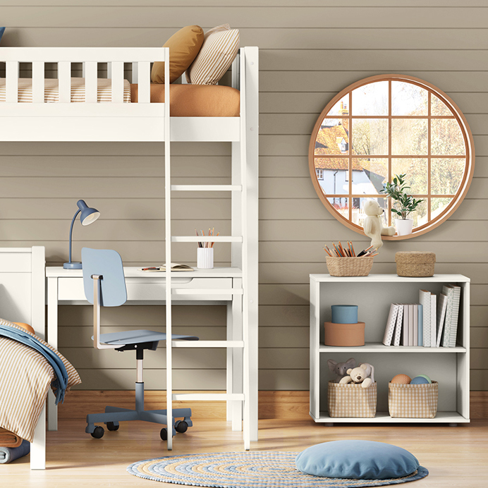 High sleeper bed with study space and a low bookcase