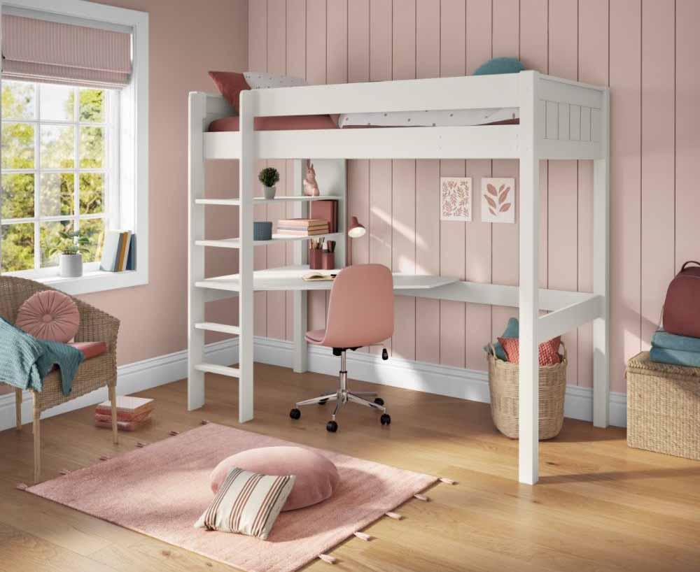 A grey high sleeper bed with integrated desk and shelving and a chair bed with grey cushion set which transform into a sleepover bed