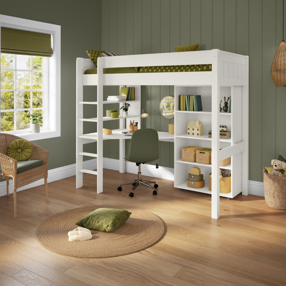 high sleeper bed with study desk integrated shelving and tall book case in small kid's room