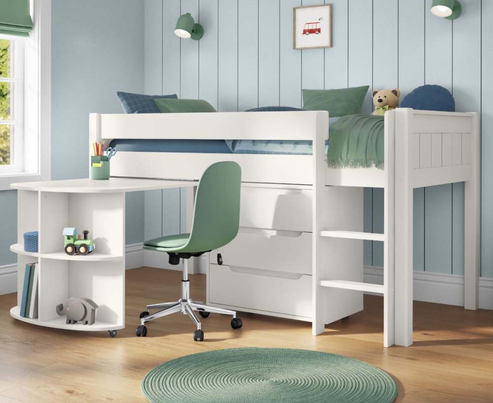 organised kids bedroom with mid sleeper bed, study desk and storage