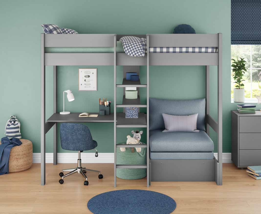 A grey high sleeper bed with integrated desk and shelving and a chair bed with grey cushion set which transform into a sleepover bed
