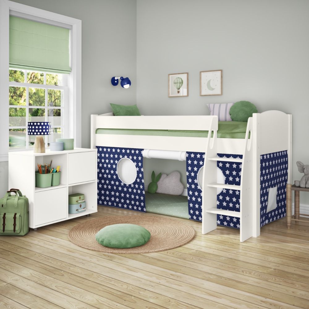 a mid-sleeper with a fabric tent underneath creating a playful den or hide-out in a child's bedroom