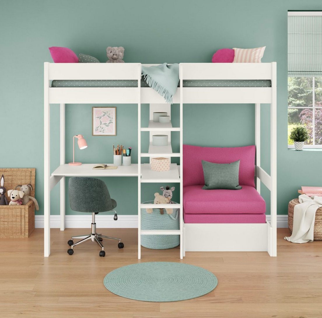 White high sleeper bed with integrated desk and shelving and wooden white chair bed with a pink cushion set that easily transform into a sleepover bed