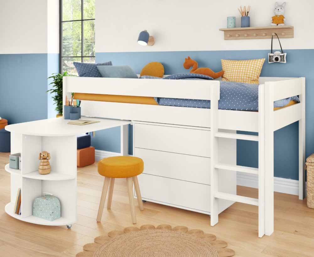 Stompa Mid sleeper with pull out desk and chest of drawer in white