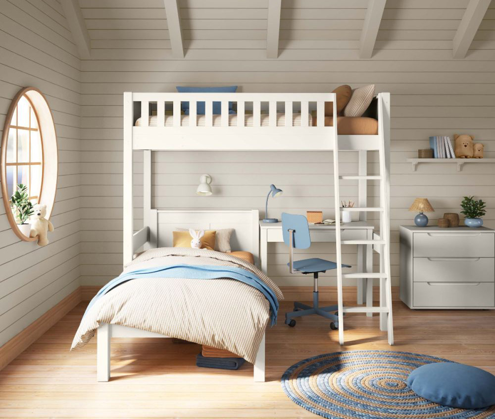  White high sleeper bed with single bed and storage desk