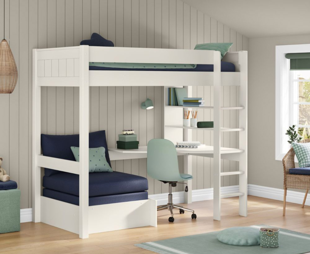 Scandinavian-style children's bedroom with a highsleeper with integrated desk, shelving and a chair bed.