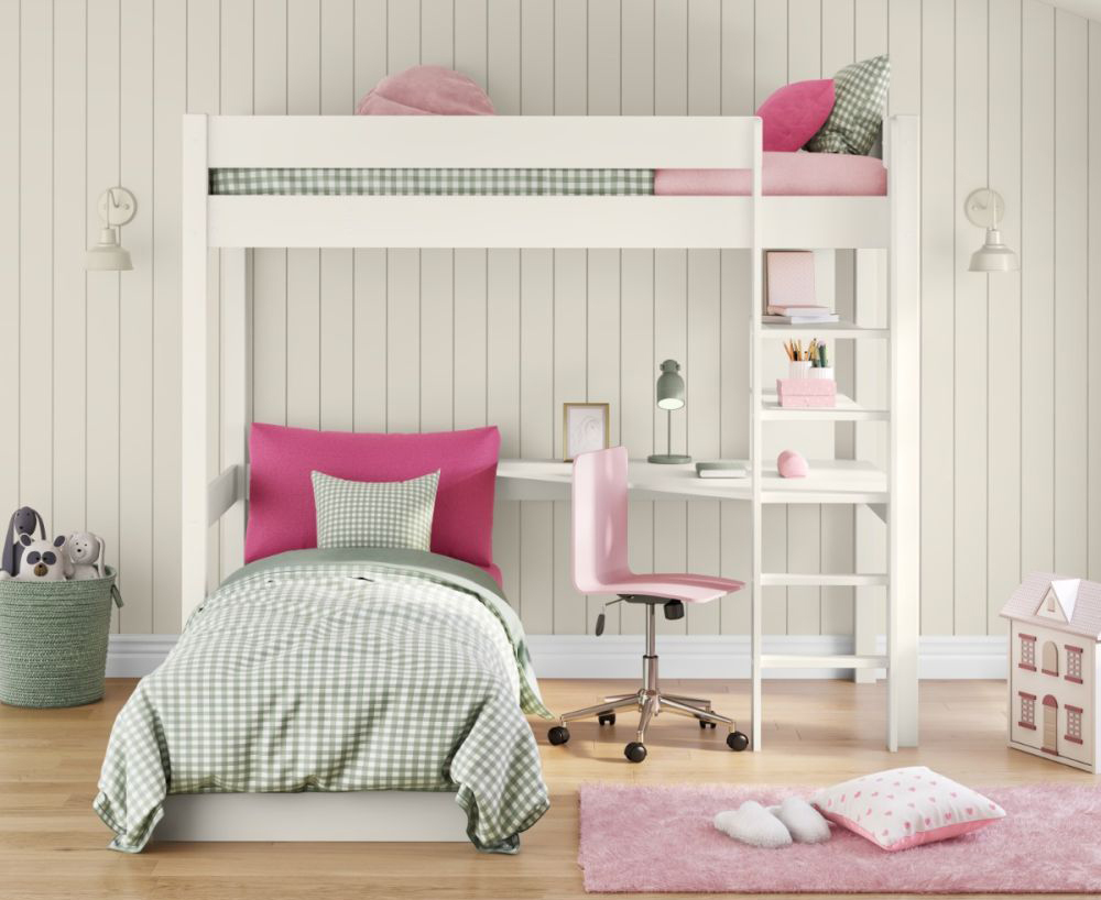 High sleeper with desk and chair bed with pink cushion set
