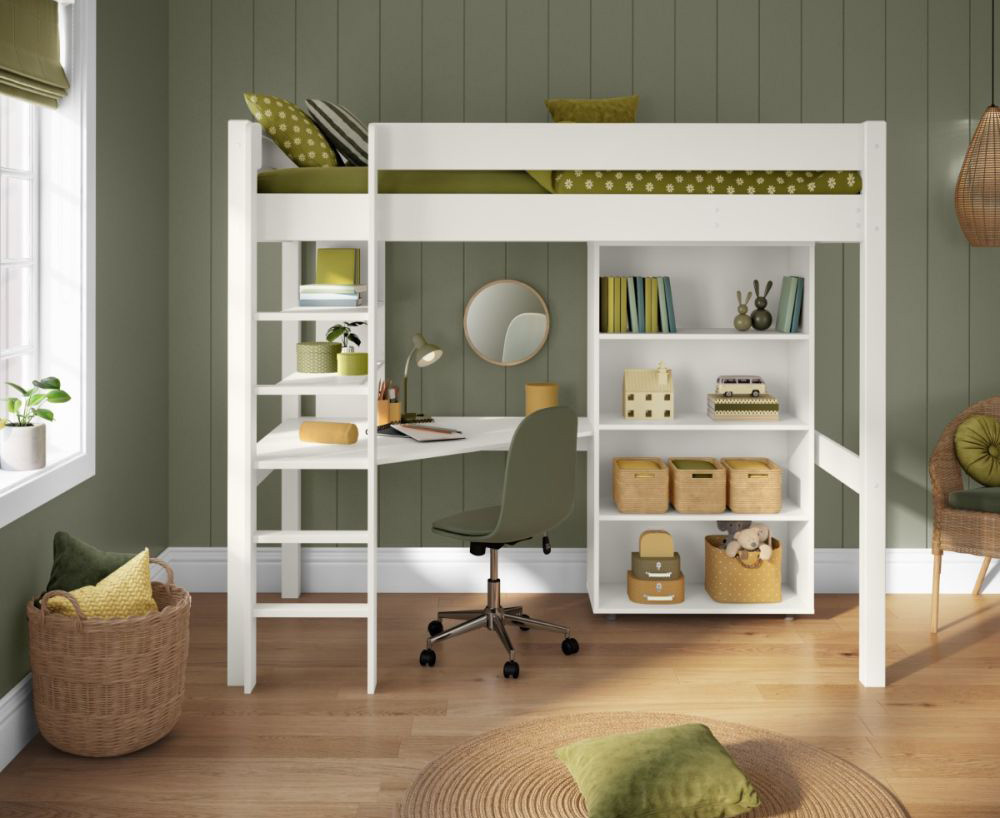High sleeper bed with integrated desk and book case