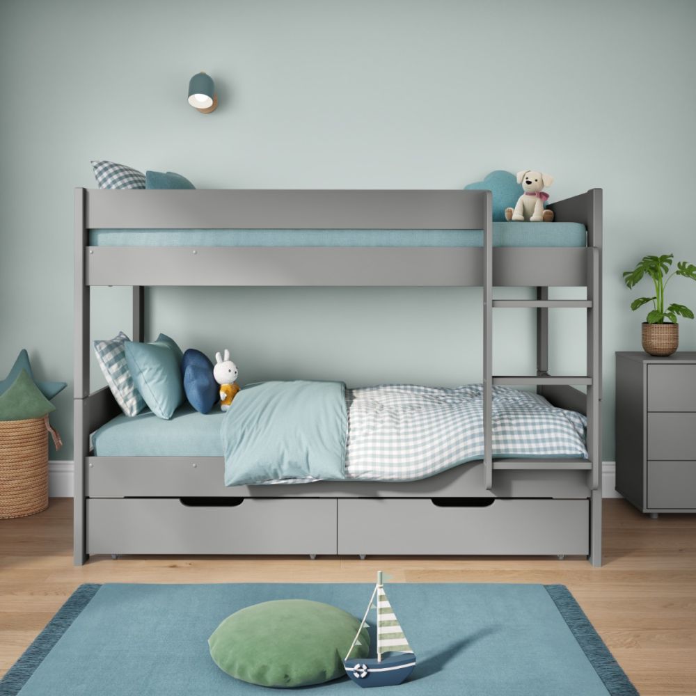 Grey detachable bunk bed with a pair of under bed drawers