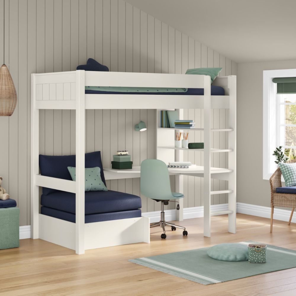 high sleeper bed with study desk and shelving in small room