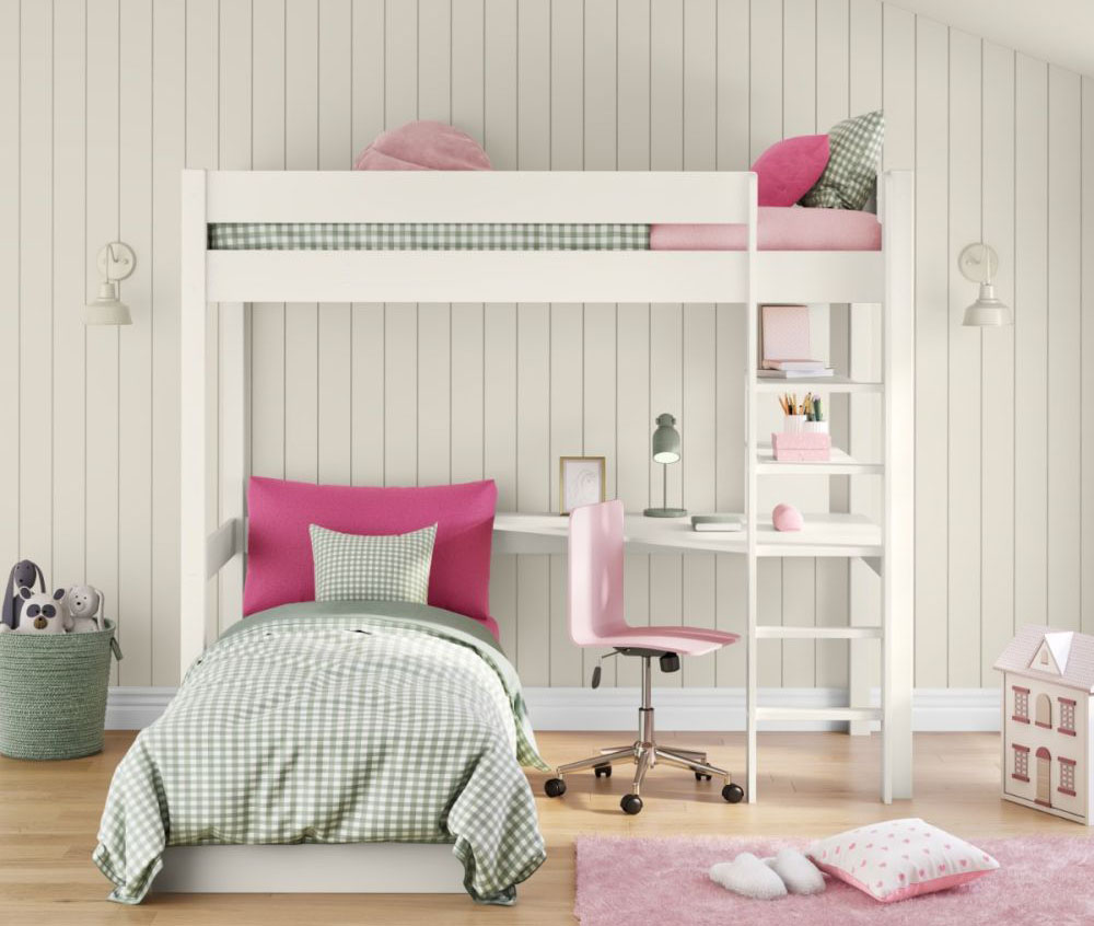 White high sleeper bed with integrated desk and shelving plus a pink chair bed that extends to become a sleeopover bed