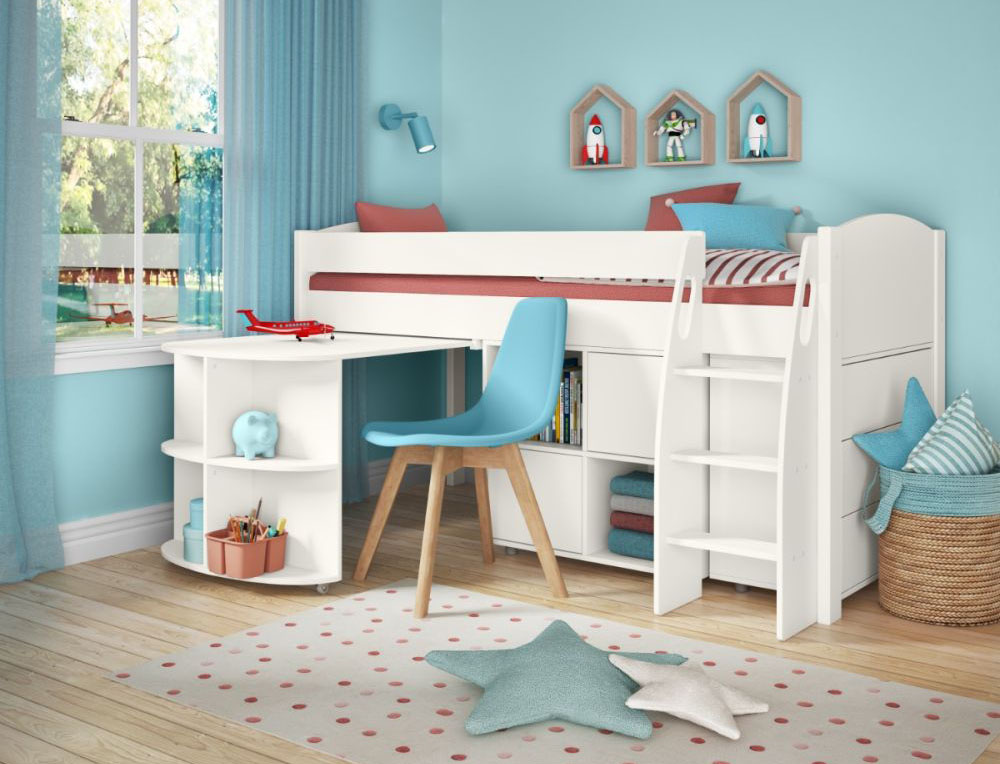 White high sleeper bed with integrated desk and shelving and wooden white chair bed with a pink cushion set that easily transform into a sleepover bed