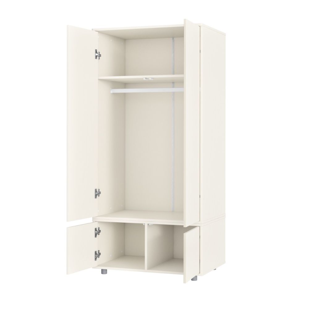 Full height white wooden wardrobe with 2 doors and 2 storage compartments under the doors