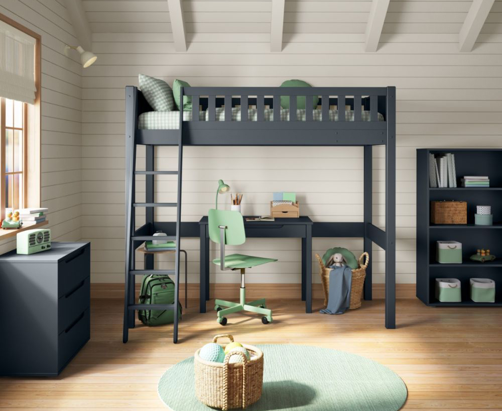 High sleeper bed with a free standing desk under