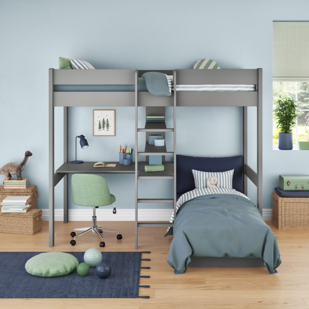Teen bedroom with high sleeper with integrated desk, shelving and chair bed