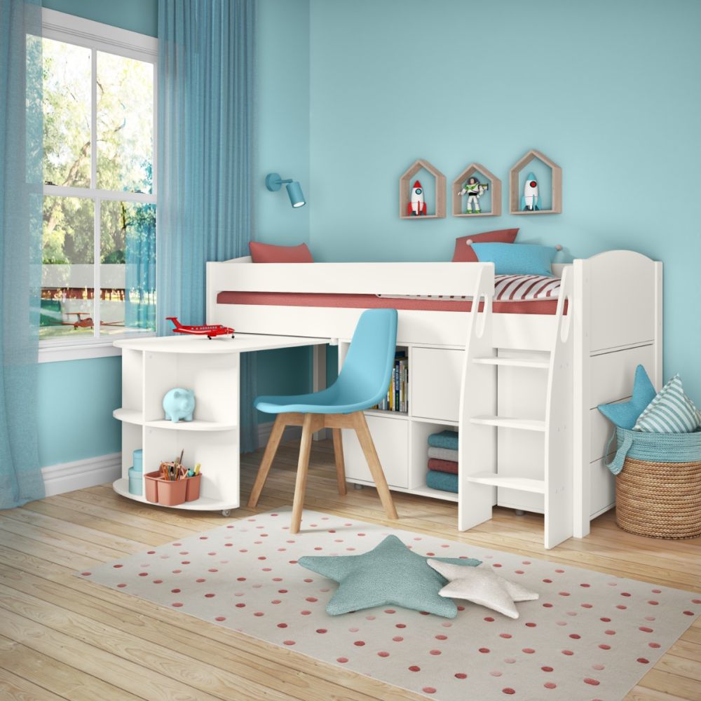 A Scandinavian style mid sleeper bed with pull out desk and storage function under the bed.