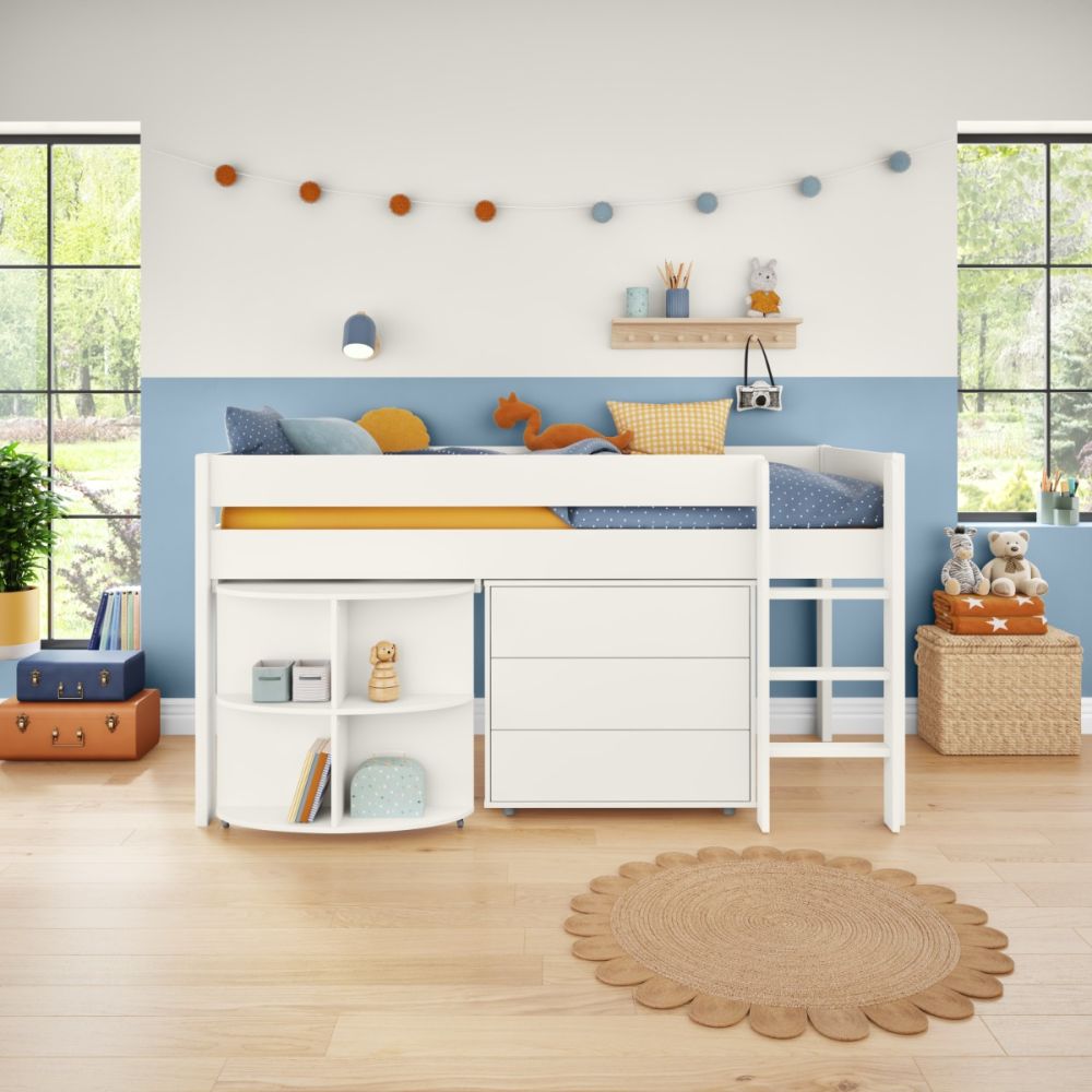 Scandinavian-style children's bedroom with a mid sleeper bed with integrated desk and chest of drawers